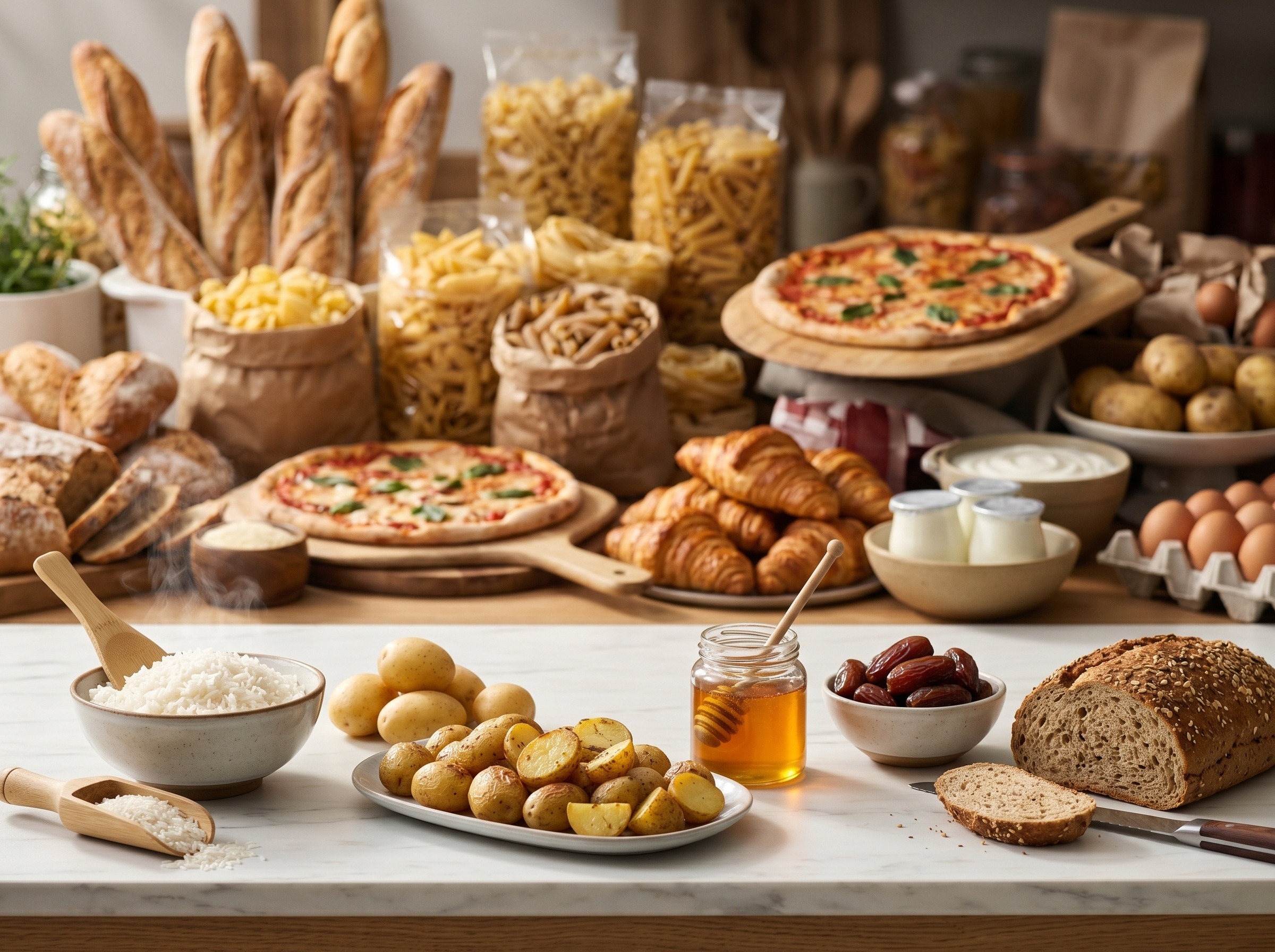 Bread, pasta, rice, and pantry foods arranged on a bright table