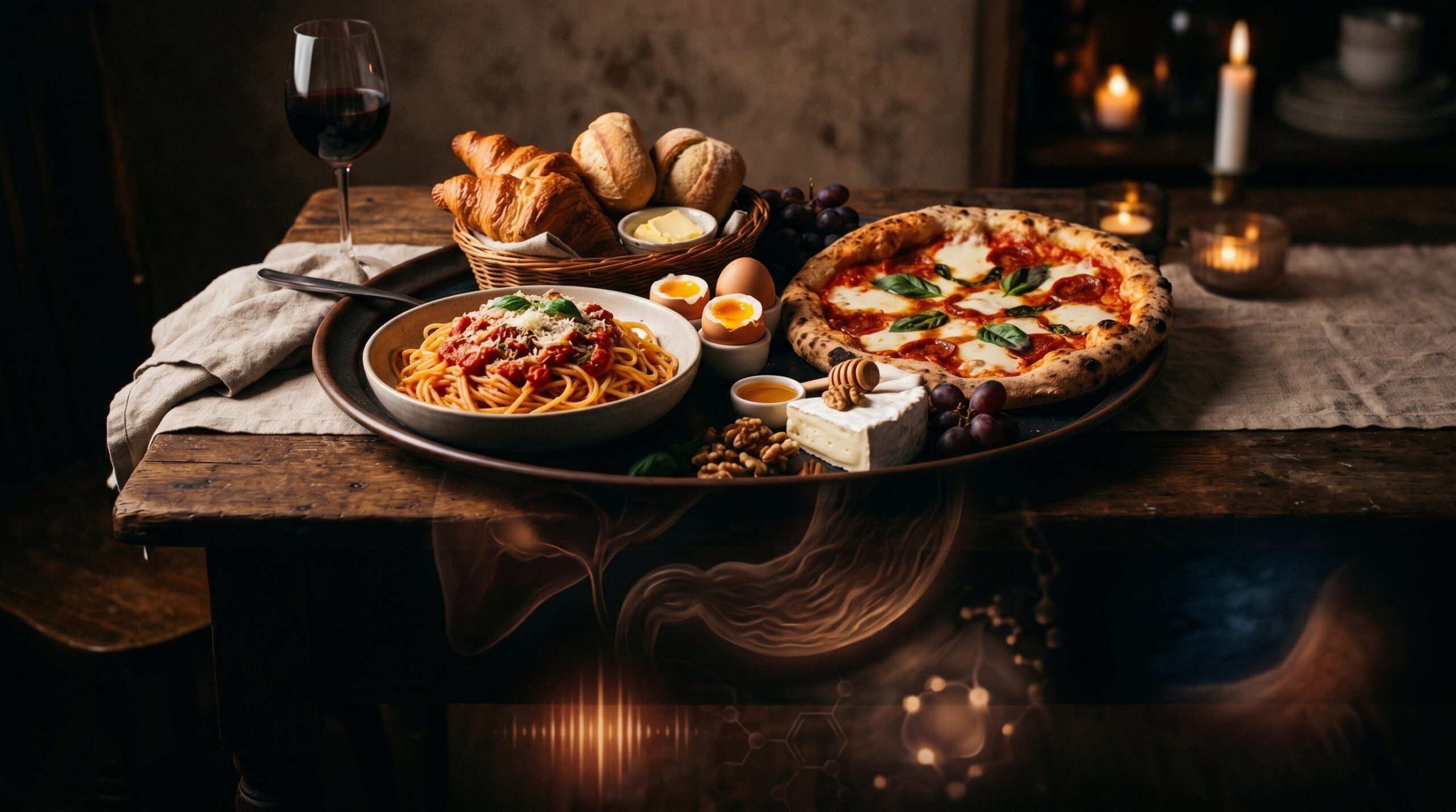 A cinematic table of bread, pasta, rice, eggs, and other foods arranged like an editorial still life